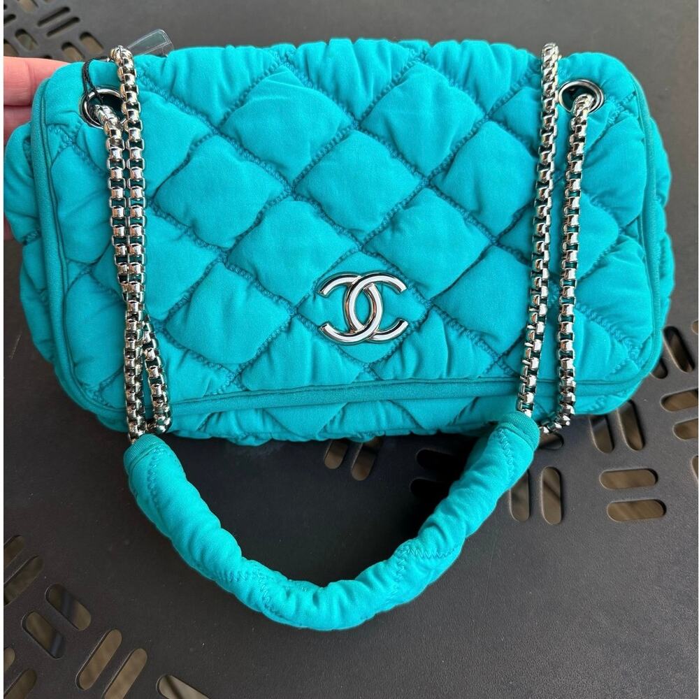CHANEL BLUE TURQUOISE FABRIC SHOULDER FLAP BAG
